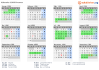 Kalender 1986 mit Ferien und Feiertagen Bremen