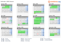 Kalender 1986 mit Ferien und Feiertagen Hessen