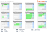 Kalender 1986 mit Ferien und Feiertagen Niedersachsen