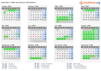 Kalender 1986 mit Ferien und Feiertagen Nordrhein-Westfalen