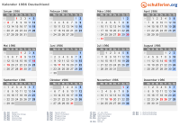 Kalender 1986 mit Ferien und Feiertagen Deutschland