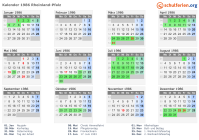 Kalender 1986 mit Ferien und Feiertagen Rheinland-Pfalz