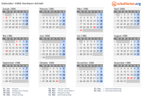 Kalender 1986 mit Ferien und Feiertagen Sachsen-Anhalt