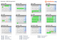 Kalender 1986 mit Ferien und Feiertagen Burgenland