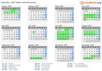 Kalender 1987 mit Ferien und Feiertagen Baden-Württemberg