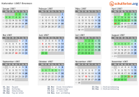 Kalender 1987 mit Ferien und Feiertagen Bremen