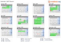 Kalender 1987 mit Ferien und Feiertagen Hessen