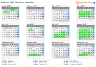 Kalender 1987 mit Ferien und Feiertagen Nordrhein-Westfalen