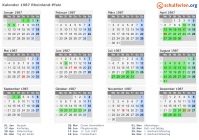 Kalender 1987 mit Ferien und Feiertagen Rheinland-Pfalz