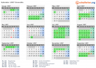 Kalender 1987 mit Ferien und Feiertagen Grenoble