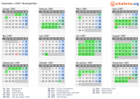 Kalender 1987 mit Ferien und Feiertagen Montpellier