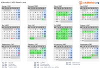 Kalender 1987 mit Ferien und Feiertagen Basel-Land