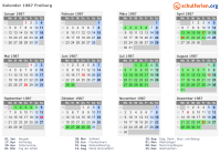 Kalender 1987 mit Ferien und Feiertagen Freiburg