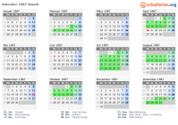 Kalender 1987 mit Ferien und Feiertagen Waadt