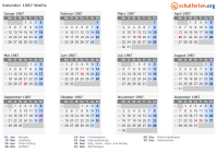 Kalender 1987 mit Ferien und Feiertagen Wallis
