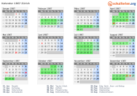 Kalender 1987 mit Ferien und Feiertagen Zürich