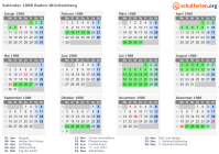 Kalender 1988 mit Ferien und Feiertagen Baden-Württemberg