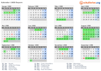 Kalender 1988 mit Ferien und Feiertagen Bayern