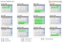 Kalender 1988 mit Ferien und Feiertagen Bremen