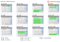 Kalender 1988 mit Ferien und Feiertagen Hamburg