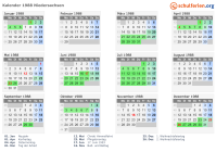 Kalender 1988 mit Ferien und Feiertagen Niedersachsen
