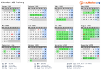Kalender 1988 mit Ferien und Feiertagen Freiburg