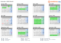 Kalender 1988 mit Ferien und Feiertagen Waadt