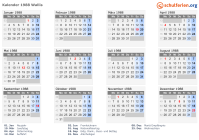 Kalender 1988 mit Ferien und Feiertagen Wallis
