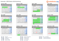 Kalender 1989 mit Ferien und Feiertagen Baden-Württemberg