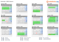Kalender 1989 mit Ferien und Feiertagen Hessen