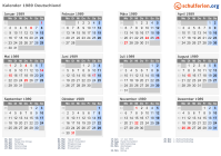Kalender 1989 mit Ferien und Feiertagen Deutschland