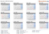 Kalender 1989 mit Ferien und Feiertagen Normandie