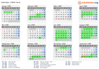 Kalender 1989 mit Ferien und Feiertagen Paris