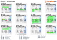 Kalender 1989 mit Ferien und Feiertagen Steiermark