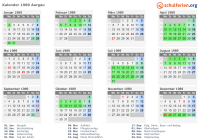 Kalender 1989 mit Ferien und Feiertagen Aargau