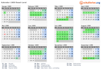 Kalender 1989 mit Ferien und Feiertagen Basel-Land