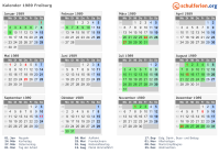 Kalender 1989 mit Ferien und Feiertagen Freiburg