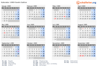 Kalender 1989 mit Ferien und Feiertagen Sankt Gallen