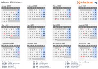 Kalender 1989 mit Ferien und Feiertagen Schwyz