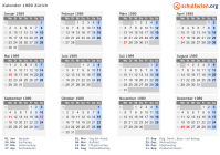 Kalender 1989 mit Ferien und Feiertagen Zürich