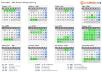 Kalender 1990 mit Ferien und Feiertagen Baden-Württemberg