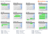 Kalender 1990 mit Ferien und Feiertagen Bayern