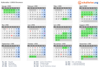 Kalender 1990 mit Ferien und Feiertagen Bremen
