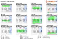 Kalender 1990 mit Ferien und Feiertagen Hamburg