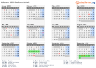 Kalender 1990 mit Ferien und Feiertagen Sachsen-Anhalt