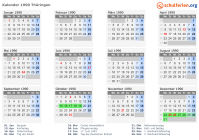 Kalender 1990 mit Ferien und Feiertagen Thüringen