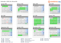 Kalender 1990 mit Ferien und Feiertagen Aix-Marseille