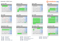 Kalender 1990 mit Ferien und Feiertagen Caen