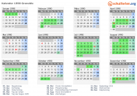 Kalender 1990 mit Ferien und Feiertagen Grenoble