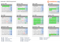 Kalender 1990 mit Ferien und Feiertagen Burgenland